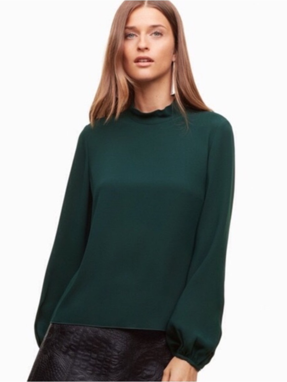 Babaton Granados Blouse Mock Neck Emerald Forest Green Long Sleeve Flowy Small
